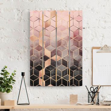 Print on wood - Pink Grey Golden Geometry
