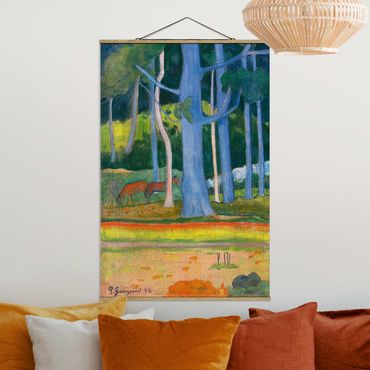 Fabric print with poster hangers - Paul Gauguin - Landscape with blue Tree Trunks