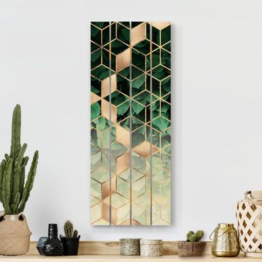 Print on wood - Green Leaves Golden Geometry