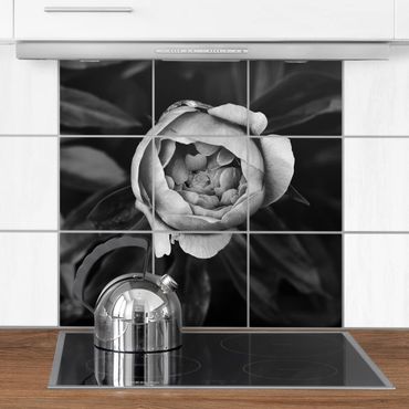 Tile sticker with image - Peonies In Front Of Leaves Black And White