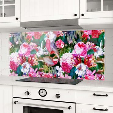 Splashback - Colourful Tropical Flowers With Birds Pink