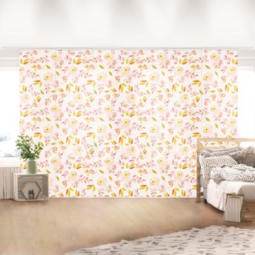 Sliding panel curtain - Yellow Leaves With Watercolour Flowers In Front Of Pink
