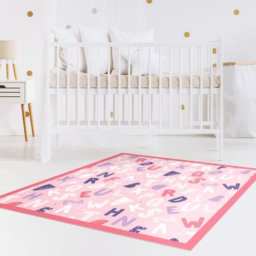 Vinyl Floor Mat - Alphabet With Hearts And Dots In Light Pink With Frame - Square Format 1:1