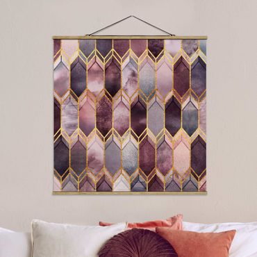 Fabric print with poster hangers - Stained Glass Geometric Rose Gold