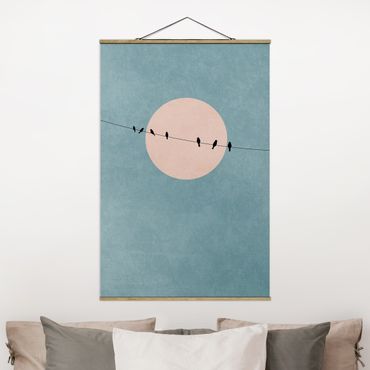 Fabric print with poster hangers - Birds In Front Of Pink Sun I