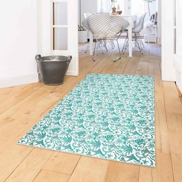 Vinyl Floor Mat - Watercolour Hummingbird And Plant Silhouettes Pattern In Turquoise - Landscape Format 3:2