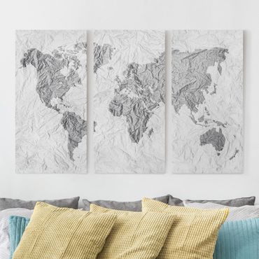 Print on canvas 3 parts - Paper World Map White Grey