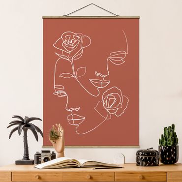 Fabric print with poster hangers - Line Art Faces Women Roses Copper
