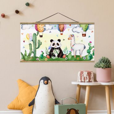 Fabric print with poster hangers - Panda And Lama Watercolour
