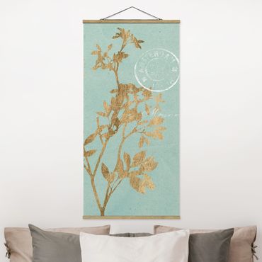 Fabric print with poster hangers - Golden Leaves On Turquoise I