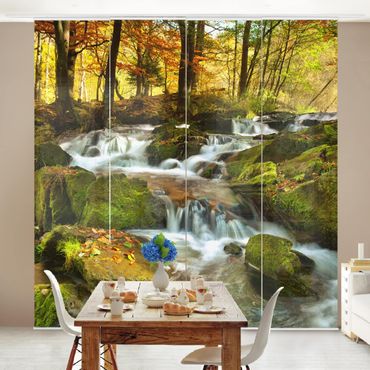Sliding panel curtains set - Waterfall Autumnal Forest