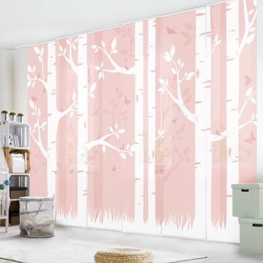 Sliding panel curtains set - Pink Birch Forest With Butterflies And Birds
