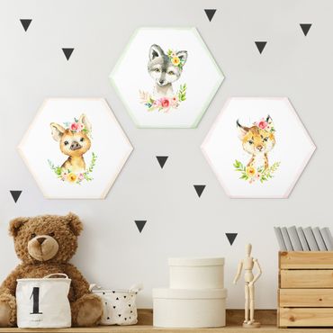 Alu-Dibond hexagon - Watercolour Forest Animals With Flowers Set II
