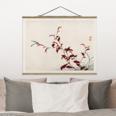 Fabric print with poster hangers - Asian Vintage Drawing Red Branch With Dragonfly