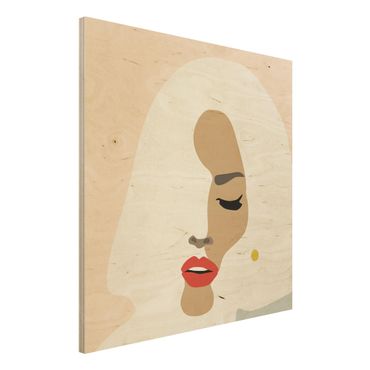 Print on wood - Line Art Portrait Woman Pastel Beige