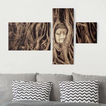 Print on canvas 3 parts - Buddha In Ayutthaya Lined From Tree Roots In Brown