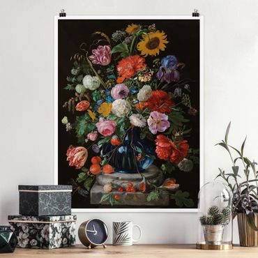 Poster art print - Jan Davidsz de Heem - Tulips, a Sunflower, an Iris and other Flowers in a Glass Vase on the Marble Base of a Column