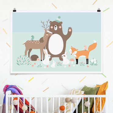 Poster - Forest Friends with forest animals blue