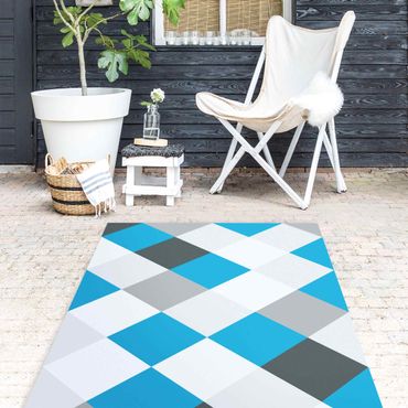 Vinyl Floor Mat - Geometrical Pattern Rotated Chessboard Blue - Portrait Format 1:2