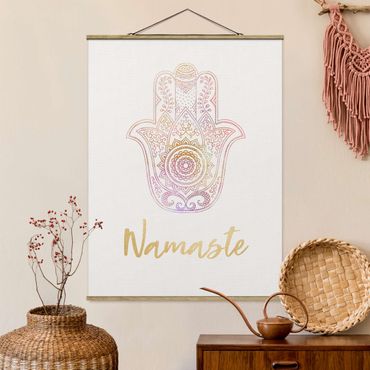 Fabric print with poster hangers - Hamsa Hand Illustration Namaste Gold Light Pink