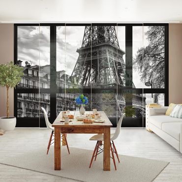 Sliding panel curtains set - Window view Paris - Near the Eiffel Tower black and white