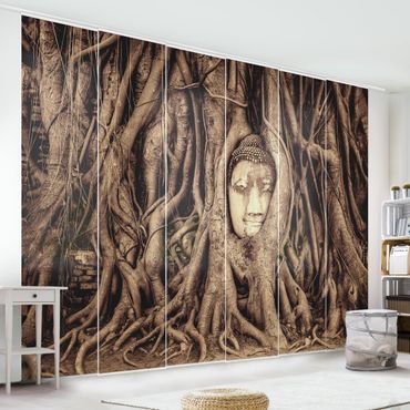 Sliding panel curtains set - Buddha In Ayutthaya Lined From Tree Roots In Brown