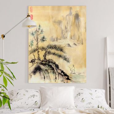 Print on canvas - Japanese Watercolour Drawing Cedars And Mountains