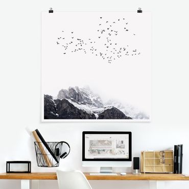 Poster - Flock Of Birds In Front Of Mountains Black And White