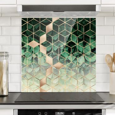 Glass Splashback - Green Leaves Golden Geometry - Square 1:1
