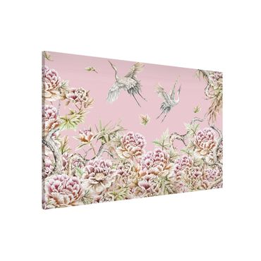 Magnetic memo board - Watercolour Storks In Flight With Roses On Pink