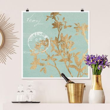 Poster - Golden Leaves On Turquoise II