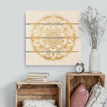 Print on wood - Mandala Flower Gold White
