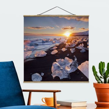 Fabric print with poster hangers - Chunks Of Ice On The Beach Iceland