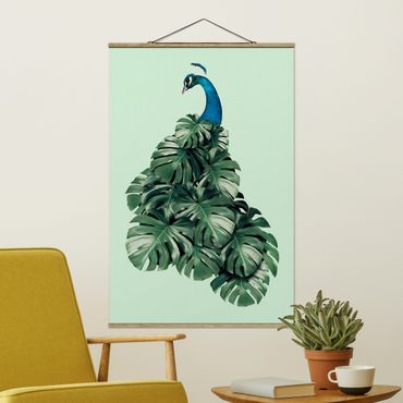 Fabric print with poster hangers - Peacock With Monstera Leaves
