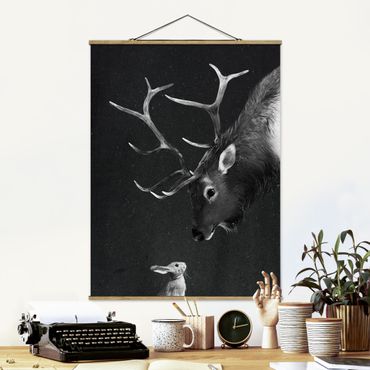 Fabric print with poster hangers - Illustration Deer And Rabbit Black And White Drawing