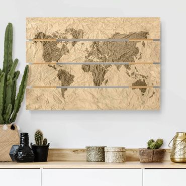 Print on wood - Paper World Map Beige Brown
