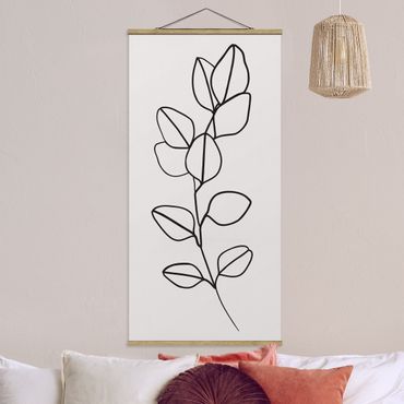 Fabric print with poster hangers - Line Art Branch Leaves Black And White