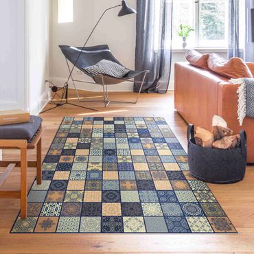 Vinyl Floor Mat - Sunny Mediterranian Tiles With Blue Joints - Landscape Format 3:2