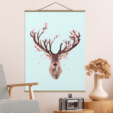 Fabric print with poster hangers - Deer With Cherry Blossoms