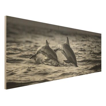 Wood print - Two Jumping Dolphins
