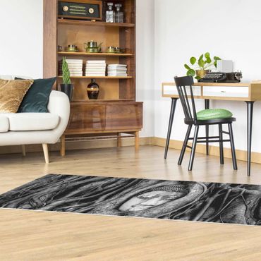 Vinyl Floor Mat - Buddha In Ayutthaya Lined With Tree Roots In Black And White - Panorama Landscape Format