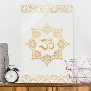 Glass print - Mandala OM Illustration Ornament White Gold
