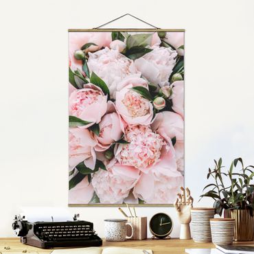 Fabric print with poster hangers - Pink Peonies With Leaves