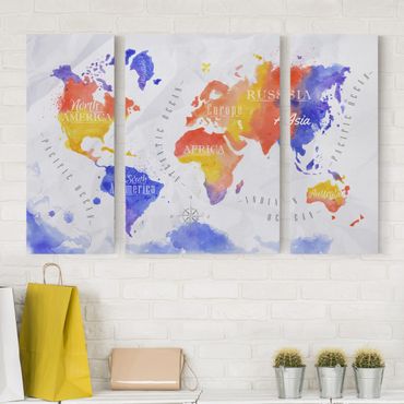 Print on canvas 3 parts - World Map Watercolour Purple Red Yellow