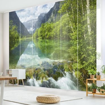 Sliding panel curtains set - Mountain Lake With Water Reflection