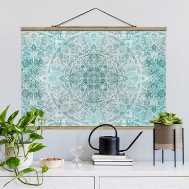 Fabric print with poster hangers - Mandala Watercolour Ornament Pattern Turquoise