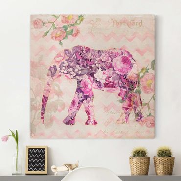 Print on canvas - Vintage Collage - Pink Flowers Elephant