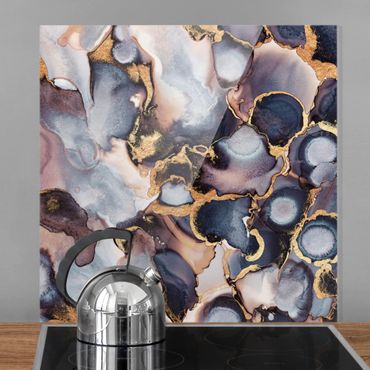 Glass Splashback - Marble Watercolor With Gold - Square 1:1