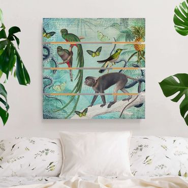 Print on wood - Colonial Style Collage - Monkeys And Birds Of Paradise