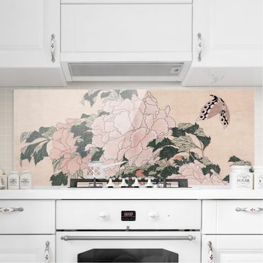 Splashback - Katsushika Hokusai - Pink Peonies With Butterfly